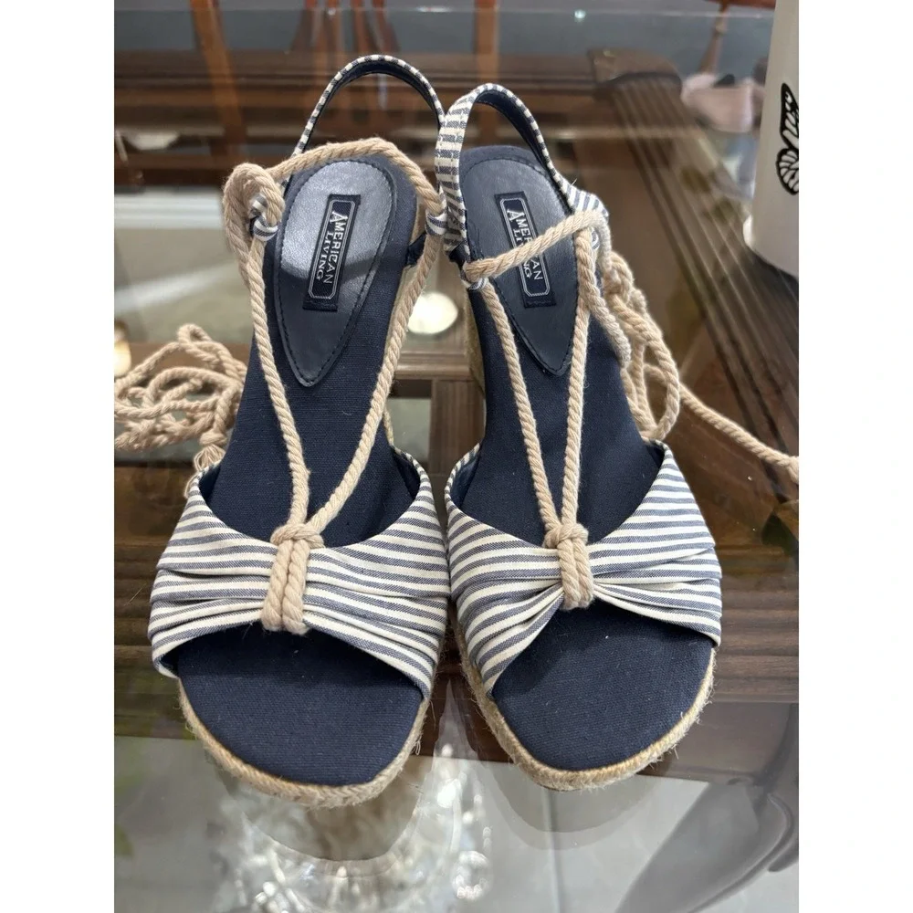 American Living Women's Striped Leather Wedge Espadrille Sandals Bow US 8.5